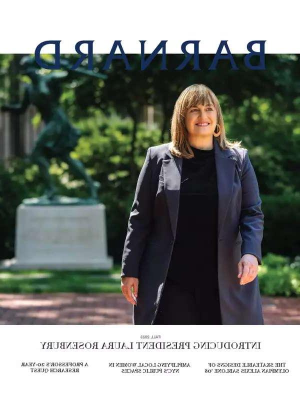 Cover of Barnard Magazine with President Rosenbury walking on campus